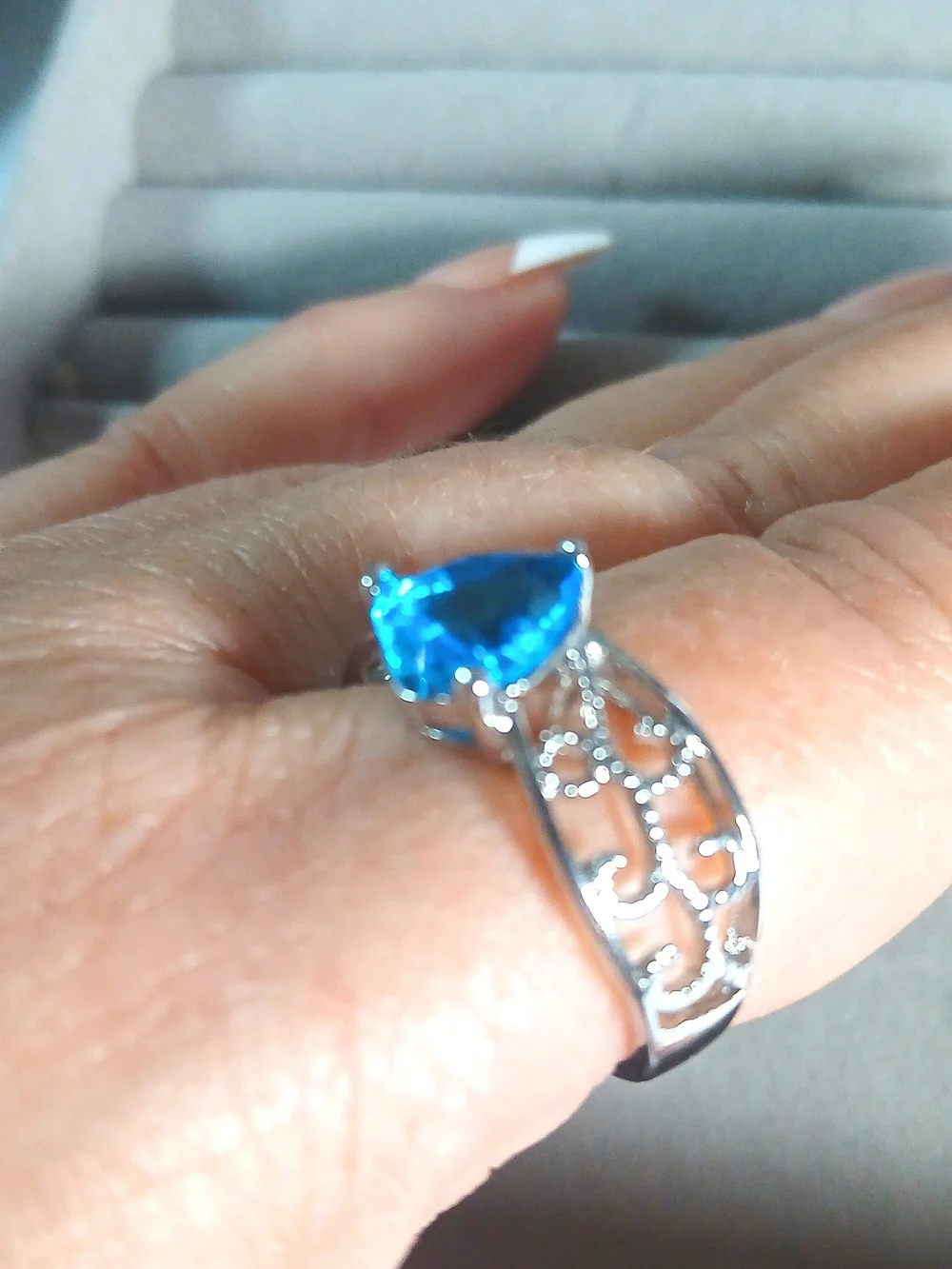 Blue Heart-Cut Gemstone Filigree Women's Ring In Sterling Silver.